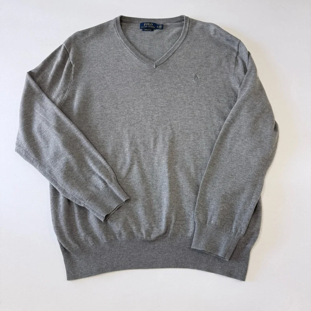 Polo‎ Ralph Lauren Mens XL Grey Pima Cotton V-Neck Sweater Heathered Pony Logo